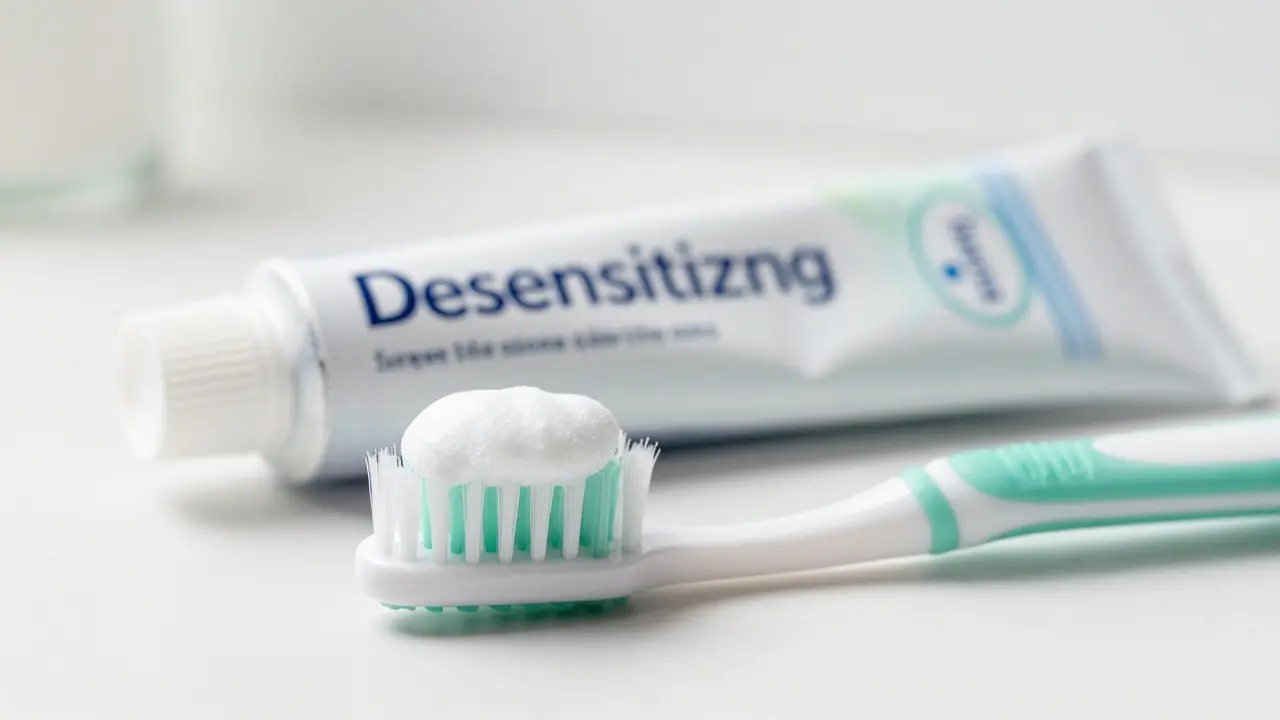 Měkký zubní kartáček s pastou pro citlivé zuby v jasně osvětlené koupelně.