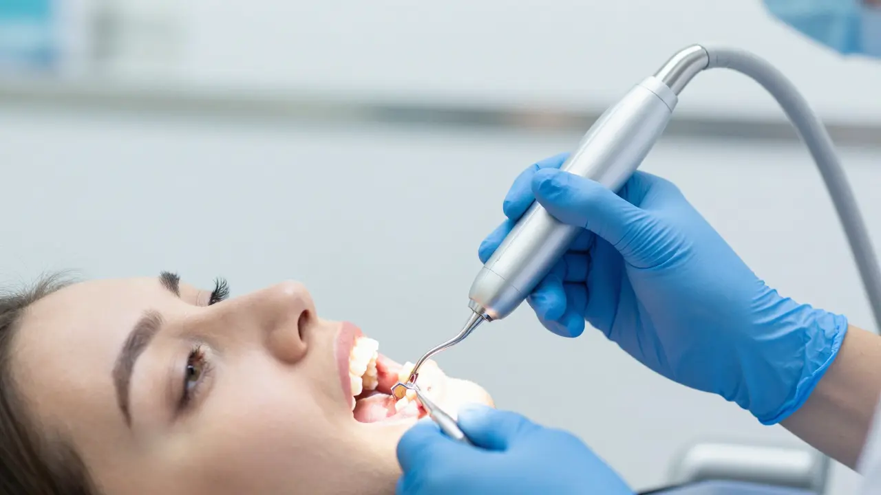 Profesionální hygienické čištění zubů pomocí ultrazvukového přístroje.