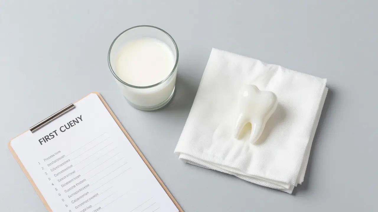 První pomoc u vyraženého zubu: sklenice mléka se zubem a chladový kompres.