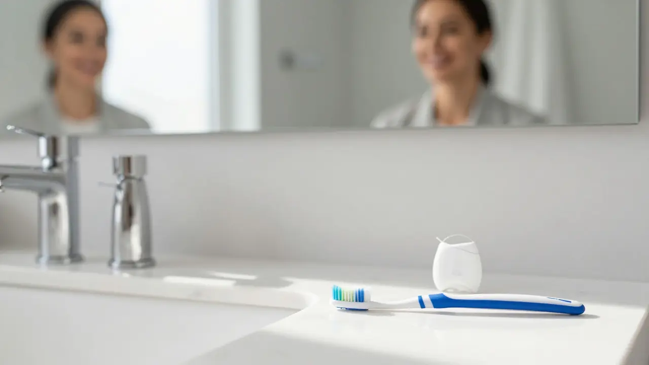 Sada nástrojů pro mezizubní hygienu na mramorovém koupelkovém stole