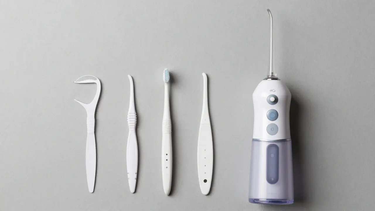 Sada pomůcek pro hygienu zubů včetně nitě, mezizubního kartáčku a vodní niti.