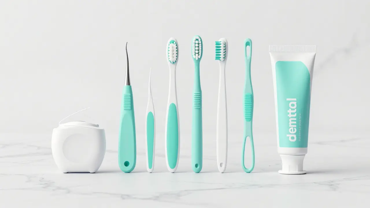 Sada pomůcek pro mezizubní čištění včetně nitě a kartáčků.