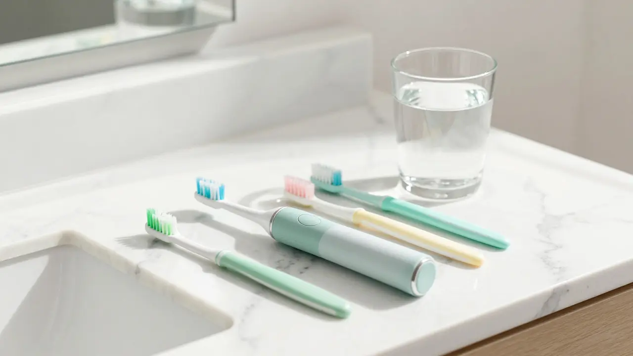 Sada pro domácí prevenci: elektrický kartáček a mezizubní kartáčky na mramorovém povrchu.