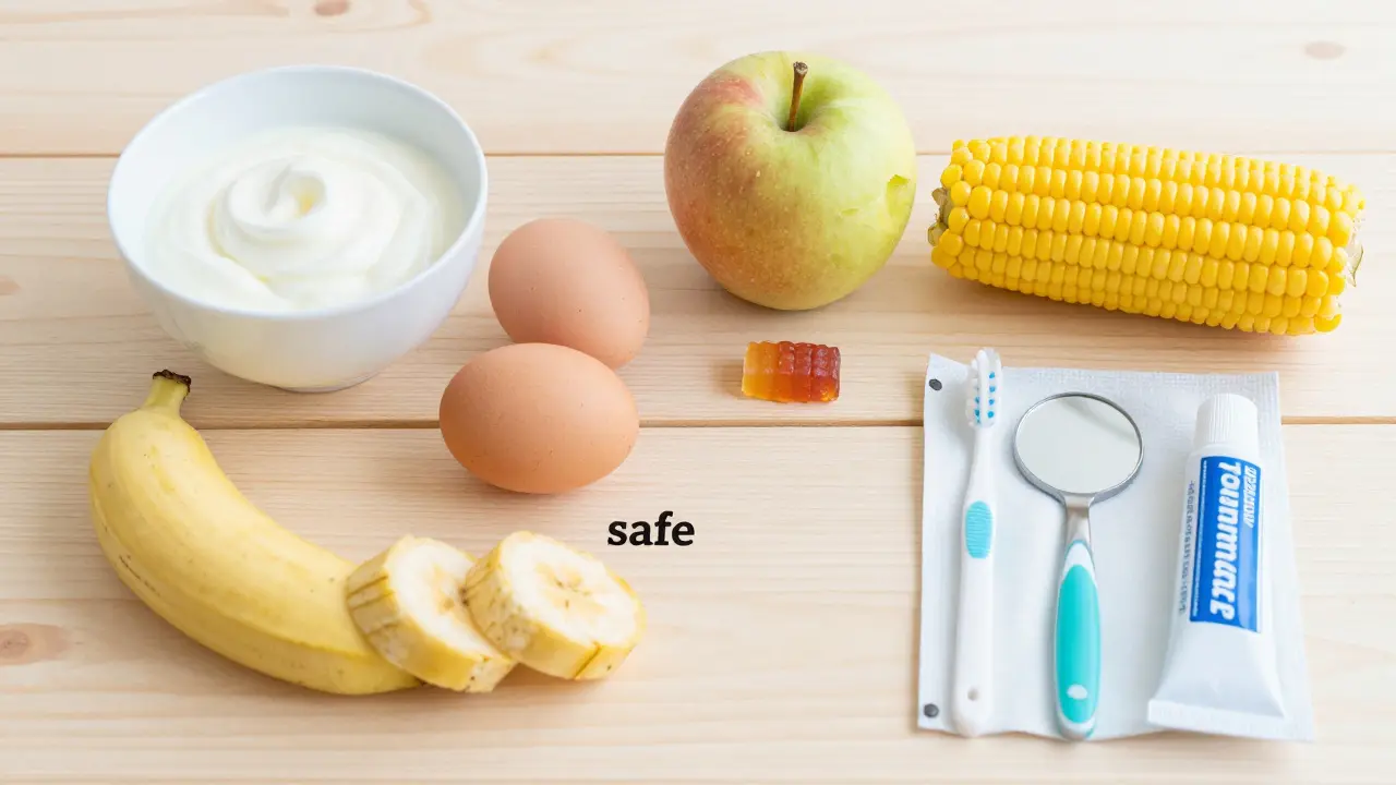 Sestava bezpečných a zakázaných potravin s nouzovou sadou pro rovnátka.