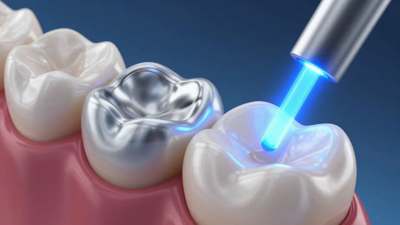 Srovnání amalgámové a bílé kompozitní výplně s modrým LED světlem v zubu.