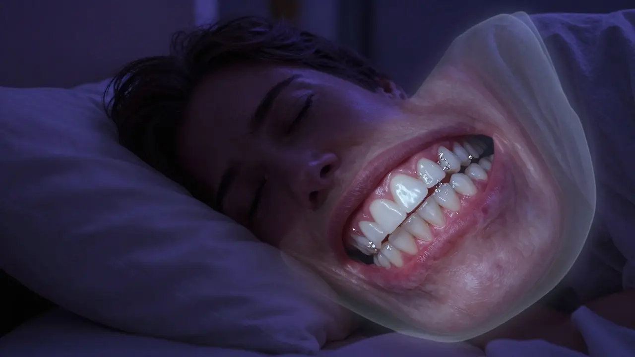 Symbolický obraz nočního skřípání zubů a tlaku na sklovině.
