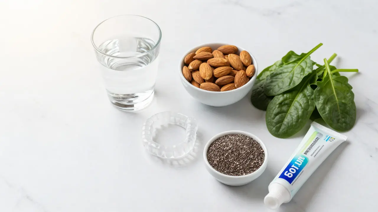 Zdravá strava bohatá na vápník a pomůcky pro prevenci zdraví zubů.