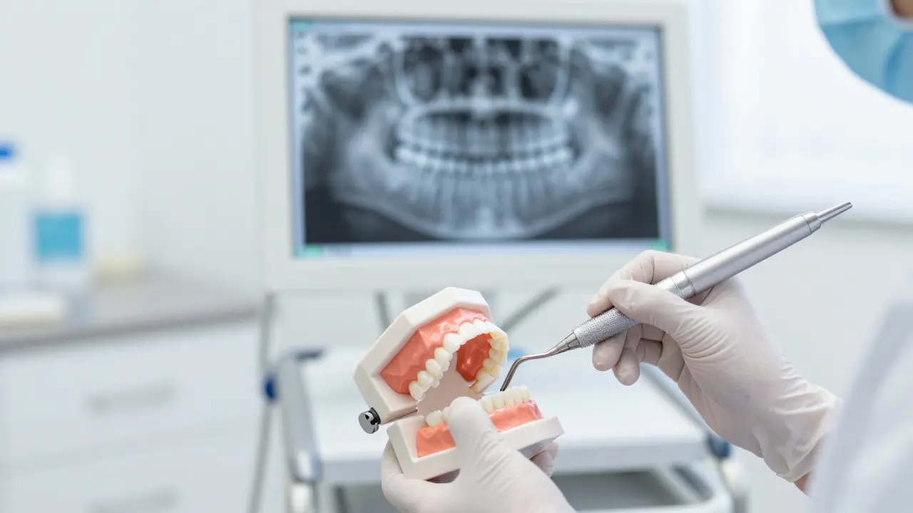 Zubní hygienistka při práci s modelem zubů a rentgenem v pozadí.