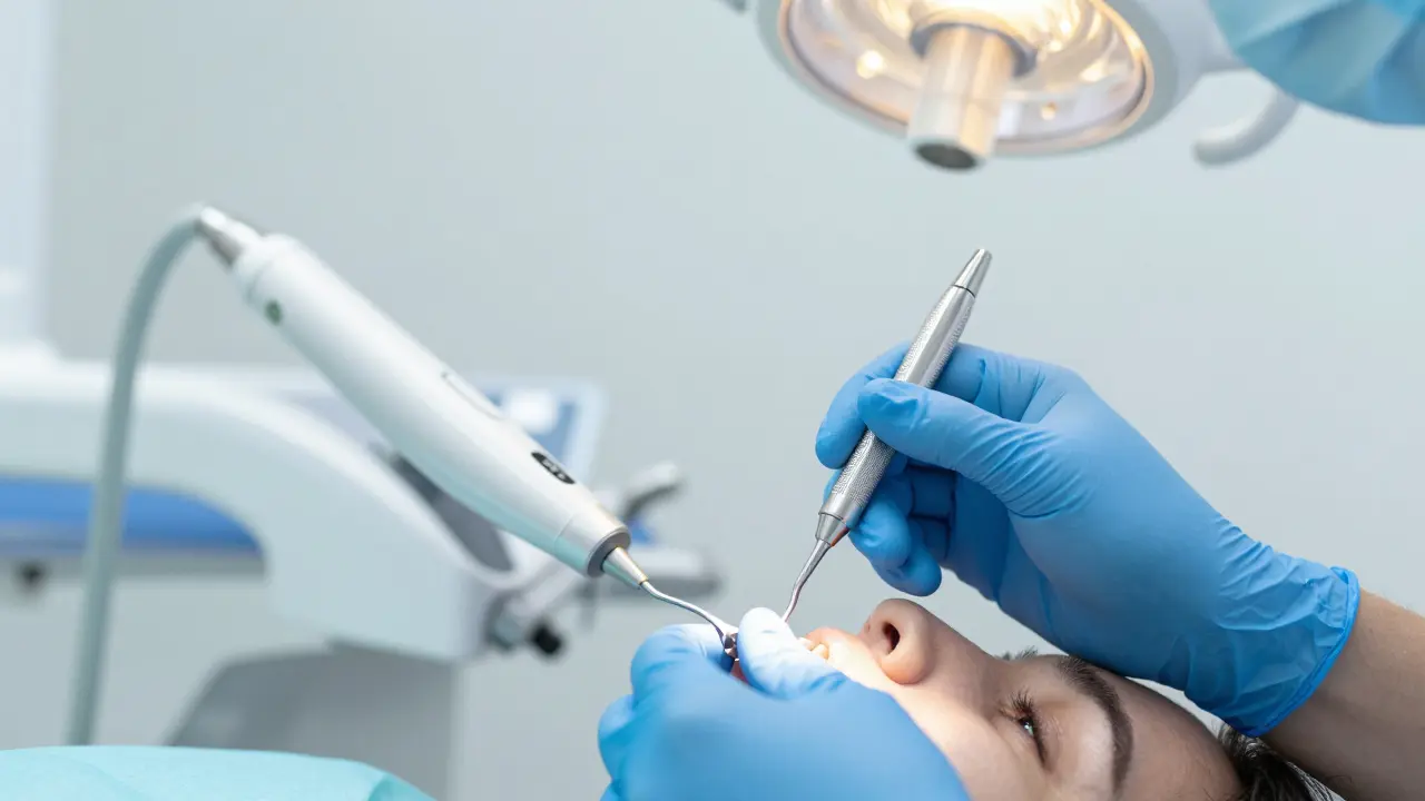 Zubní hygienistka provádí hloubkové čištění kořene zubu pomocí speciálního kuretu.