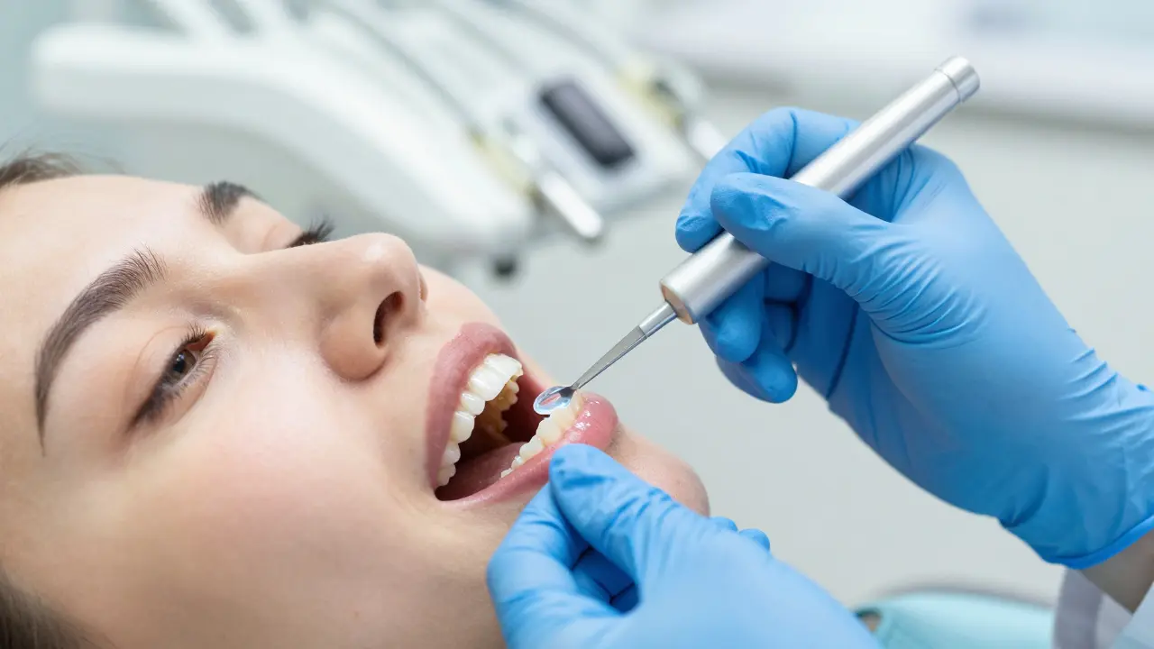 Zubní lékař aplikující ochranný lak na citlivý krček zubu.