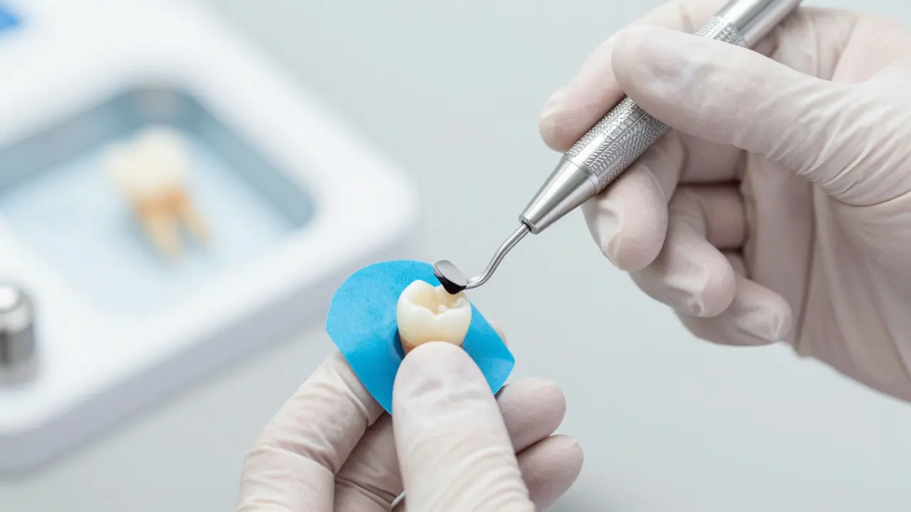 Zubní lékař jemně upravuje výšku výplně pomocí vrněčky a artikulačního papíru.