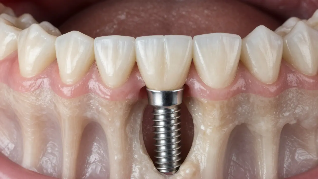 Detailní pohled na titanový zubní implantát zasazený v kosti s keramickou korunou