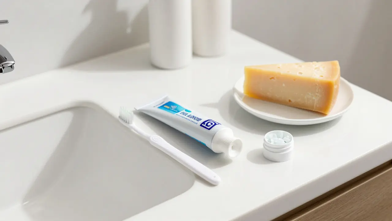 Hygiena ústní dutiny: pasta, kartáček a sýr