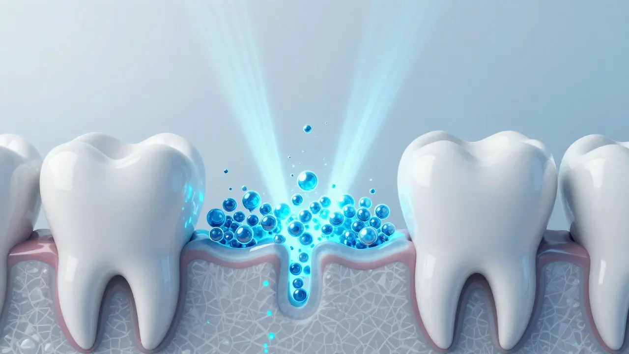 Ilustrace procesu remineralizace fluoridem v zubu