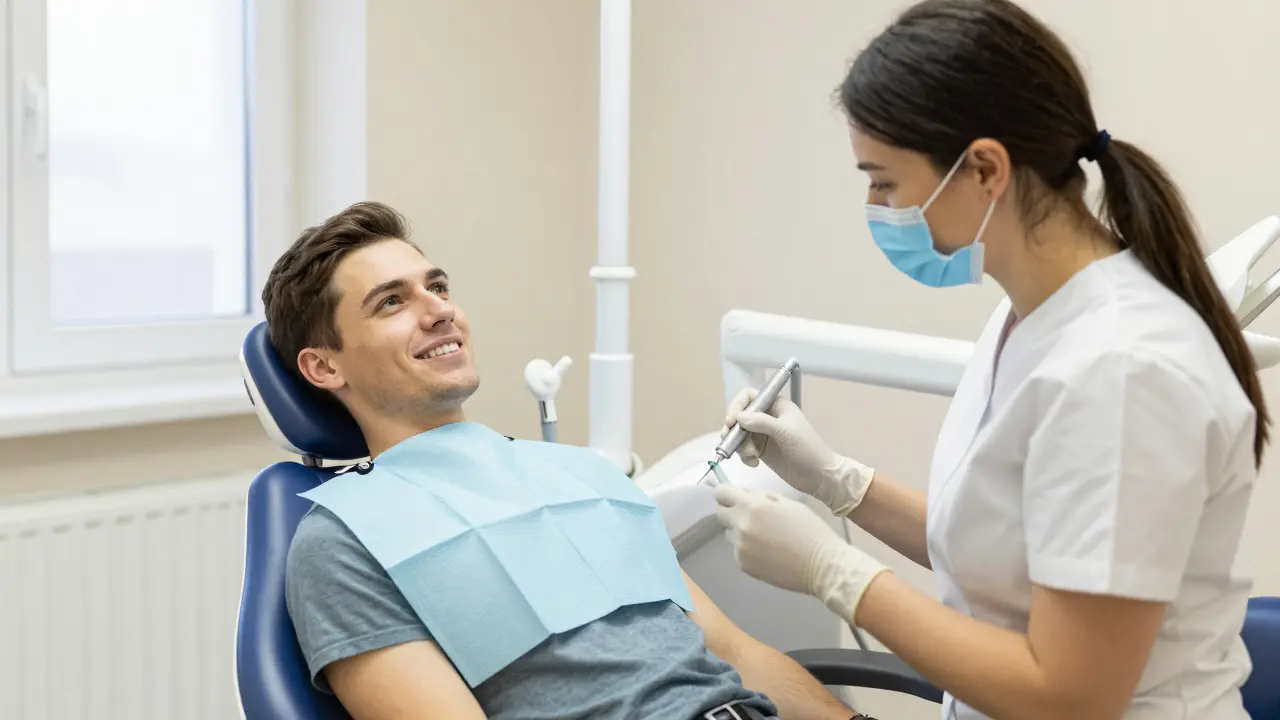 Pacient během procedury dentální hygieny v klinice