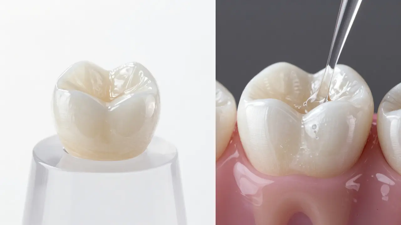 Porcelánová korunka a ilustrace technologie ICON pro bílé skvrny