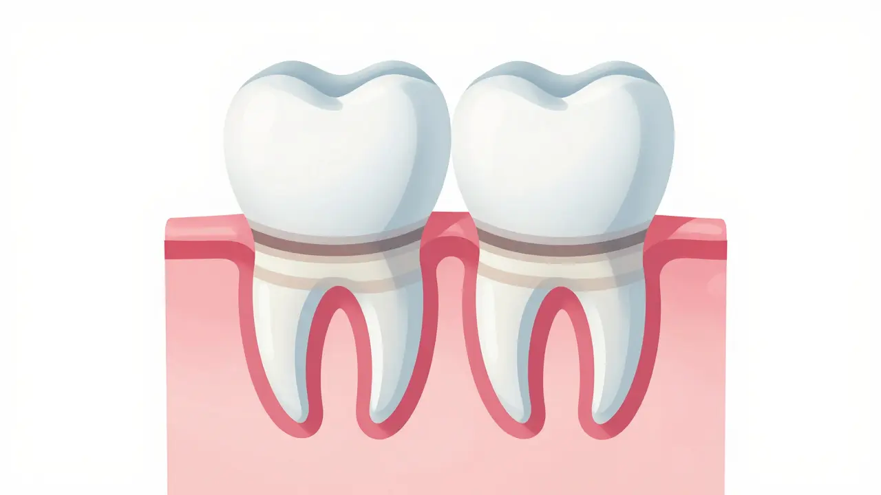 Příčný řez zubem ukazující tmavé pruhy pigmentu v dentinu