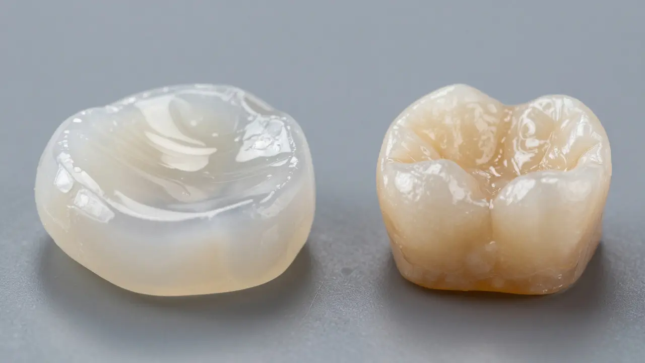 Srovnání materiálu: průsvitný porcelán vedle kompozitní pryskyřice pro fazety.