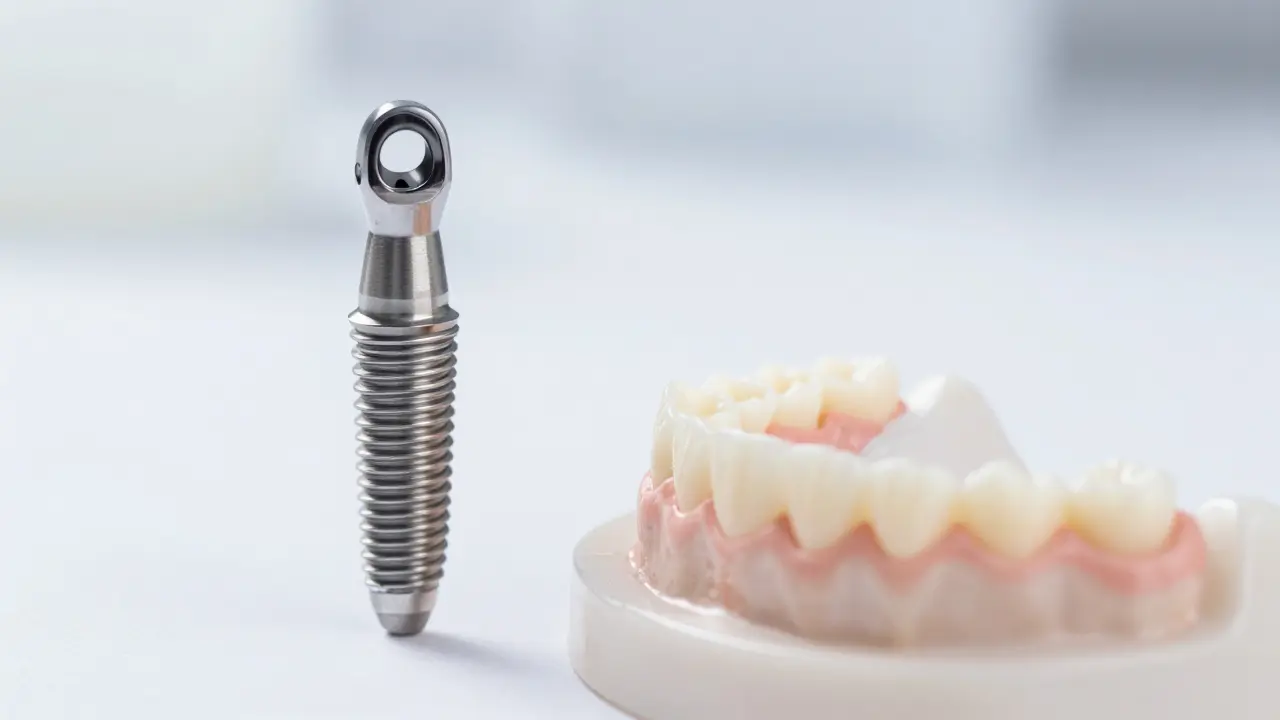 Stabilní most na implantátech vedle křehké volné protézy na bílém pozadí.