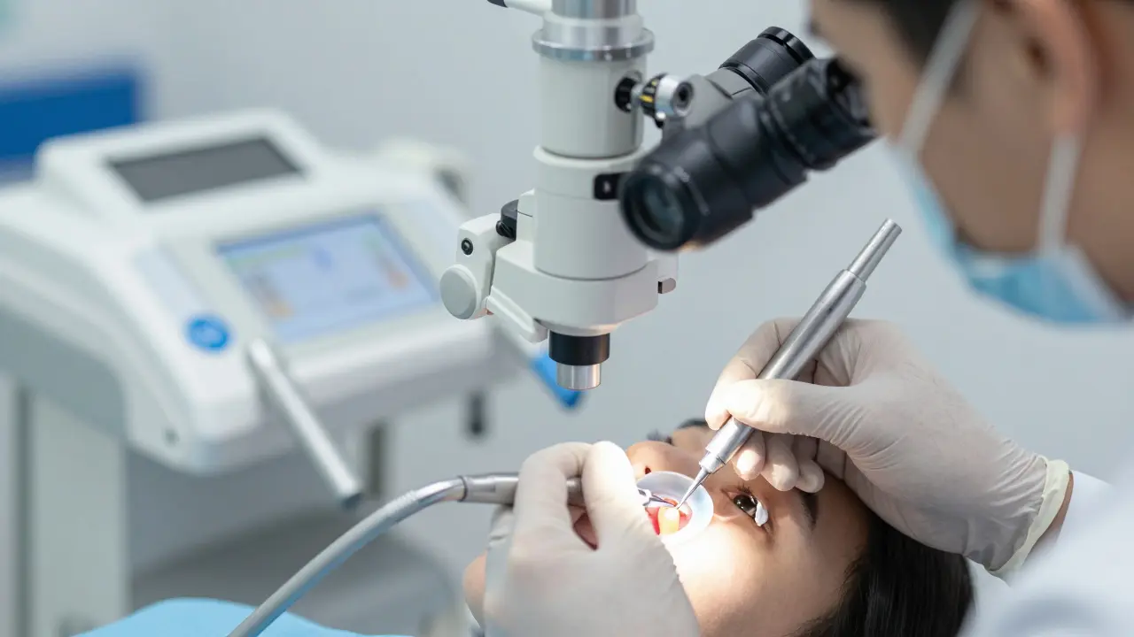 Stomatolog provádí ošetření kořenových kanálků pod mikroskopem