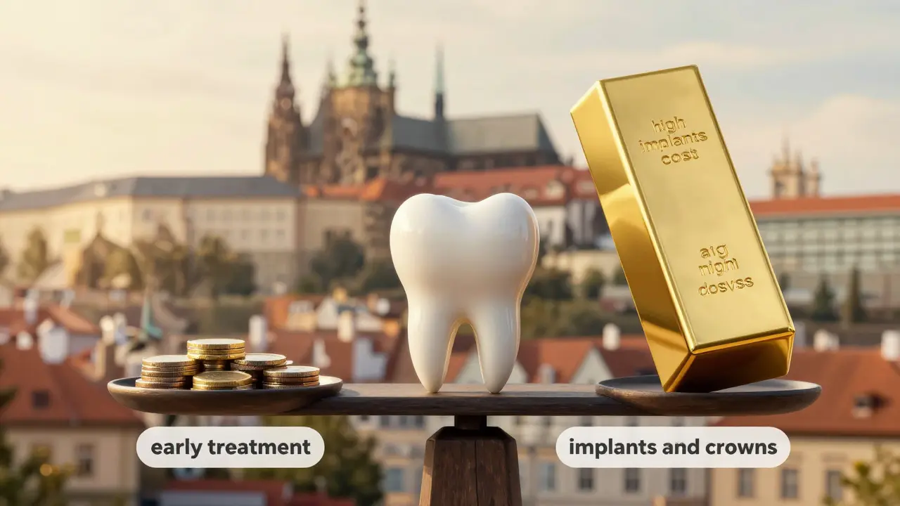 Abstraktní váha s zubem symbolizující rozdíl v cenách mezi léčbou a implantátem.
