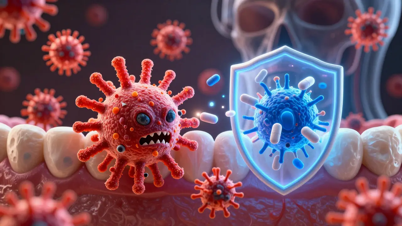 Abstraktní vizualizace bojů antibiotik proti bakteriím v dásních