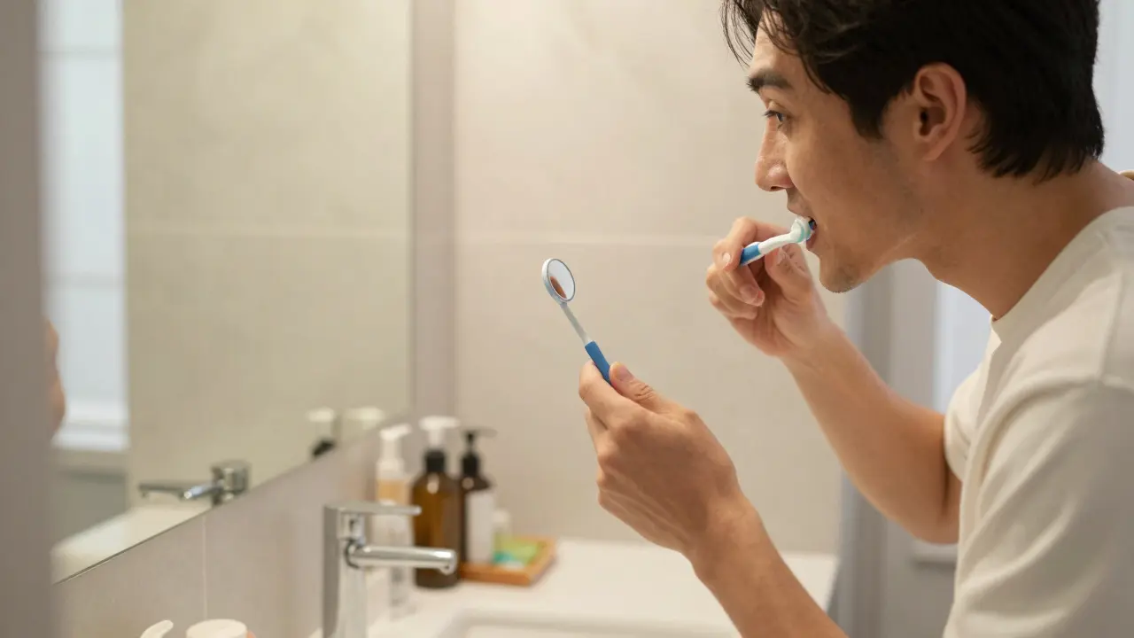 Člověk kontroluje ústní dutinu pomocí dentálního zrcátka při čištění zubů