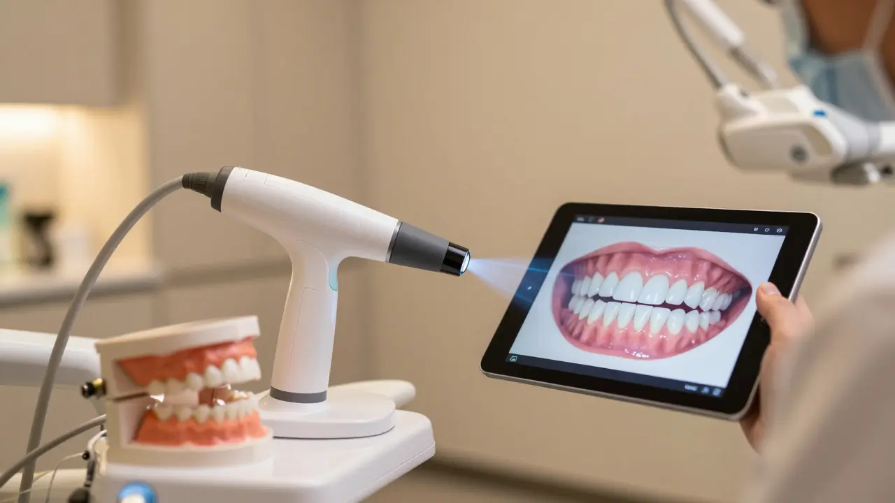 Digitální skener zubů a 3D náhled úsměvu na tabletu