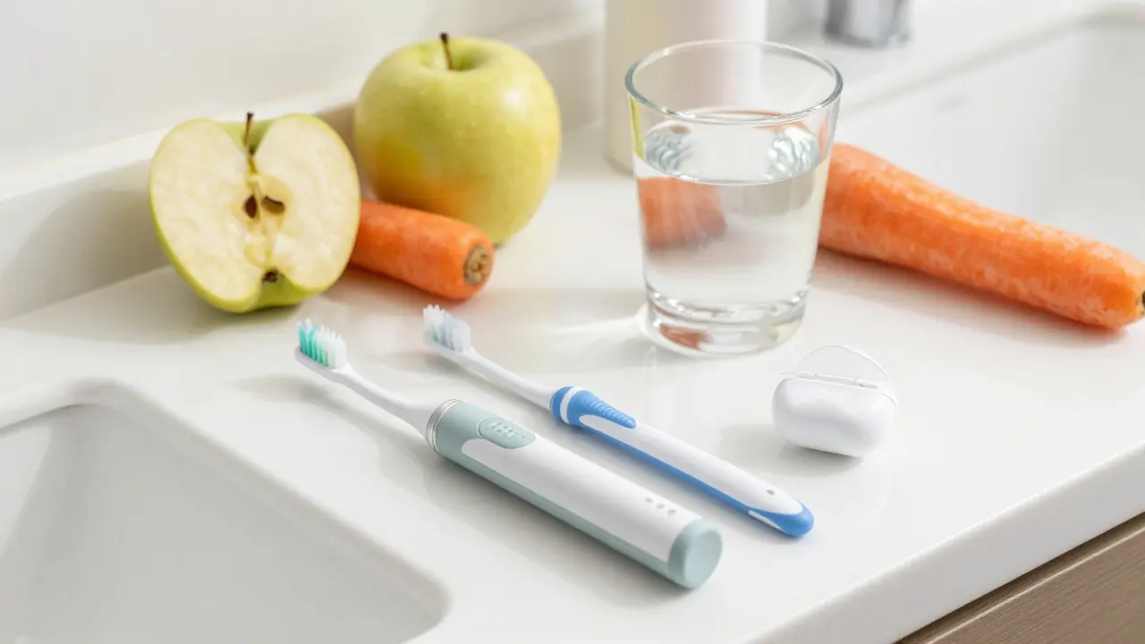 Elektrický kartáček a přírodní potraviny pro prevenci