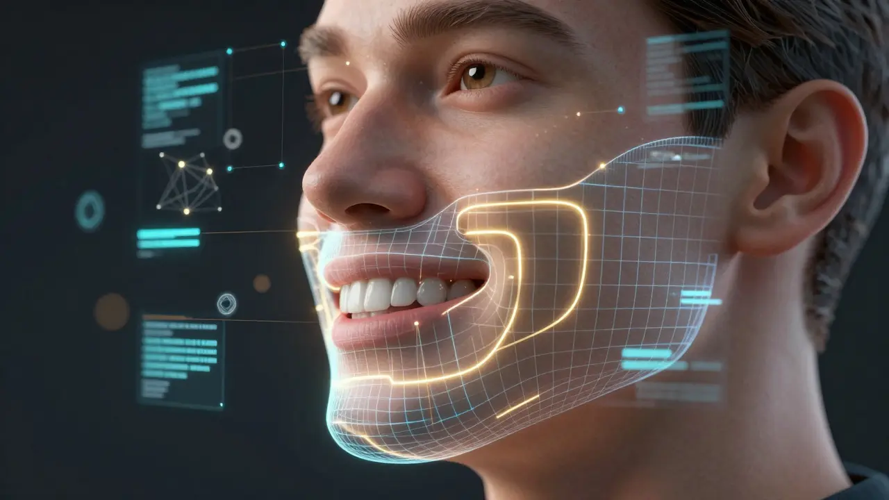 Konceptuální vizualizace digitálního návrhu úsměvu pomocí umělé inteligence