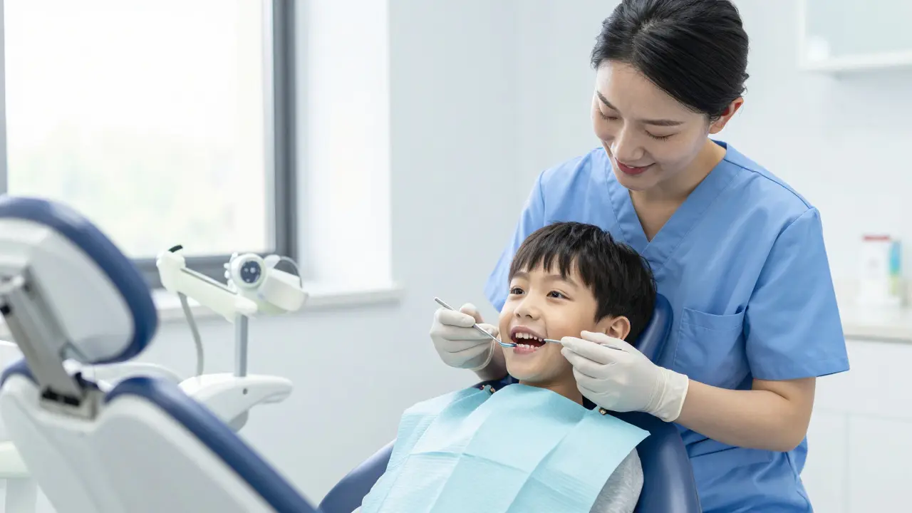 Pediatrický stomatolog vyšetřuje úsměv dítěte