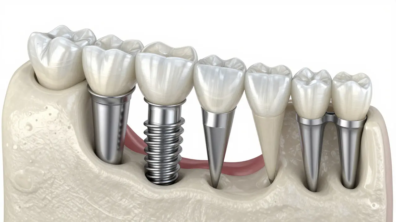 3D ilustrace hybridní zubní náhrady s implantáty a korunkami