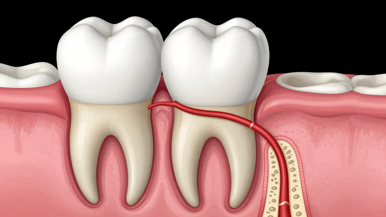 Anatomický řez zuba ukazující citlivý nerv a dentin