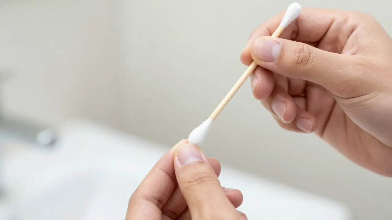 Aplikace zředěného oleje vatovým tamponem u zubů s rovnátky