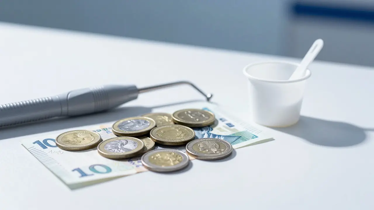 České koruny vedle nástrojů pro dentální hygienu na bílém stole