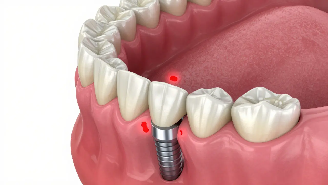 Schéma zánětu dásní kolem implantátu a korunky při špatné hygieně