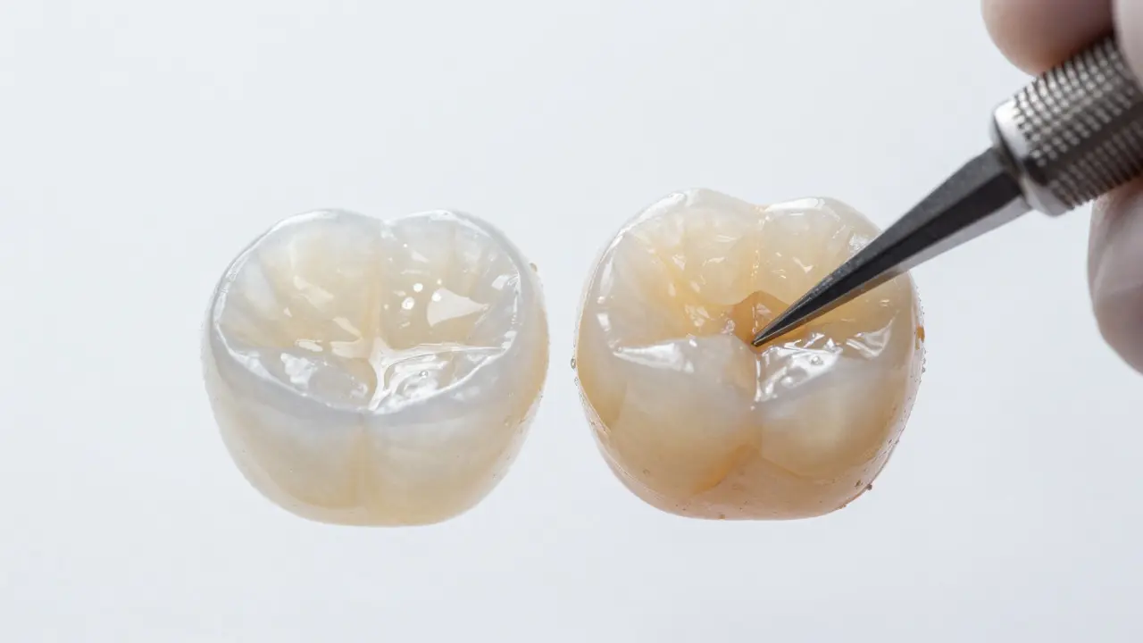 Srovnání porcelánové a kompozitní fázet v makro záběru