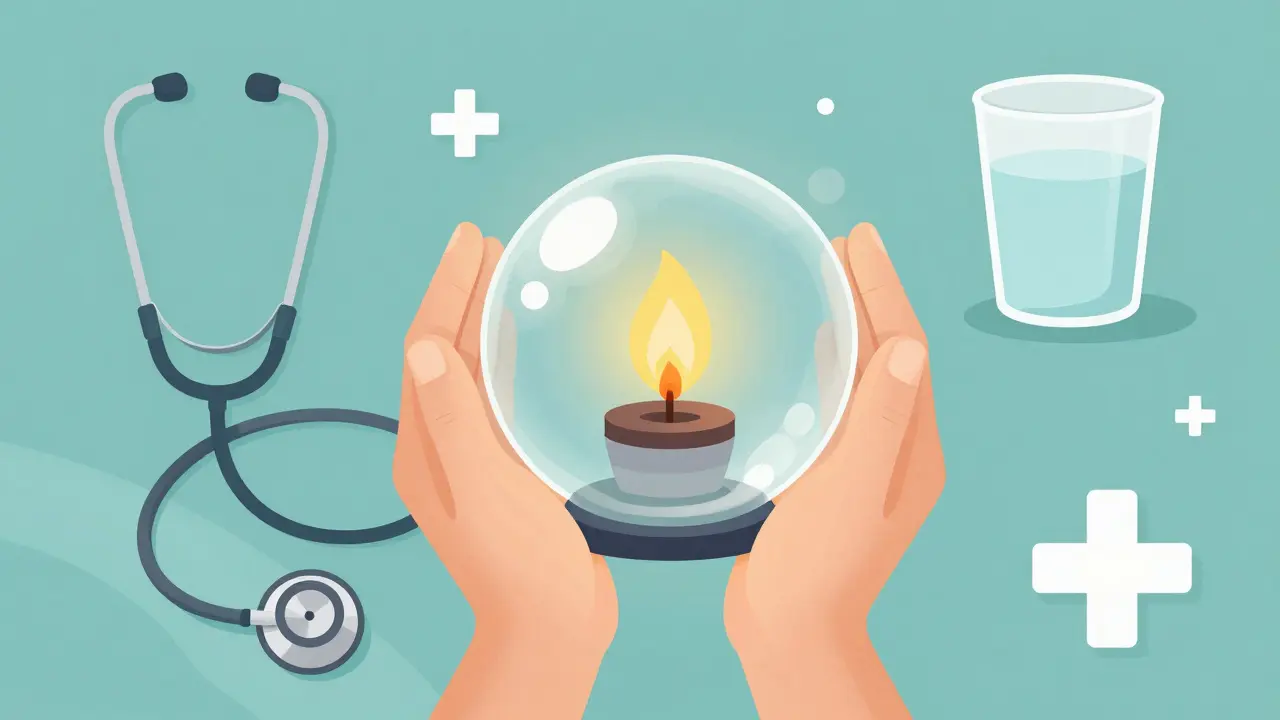 Symbolická ilustrace rukou chránících slabé světlo života a důstojnosti