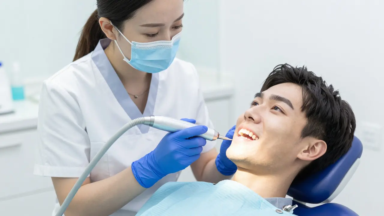 Zubní lékař provádí čištění zubů ultrazvukovým přístrojem