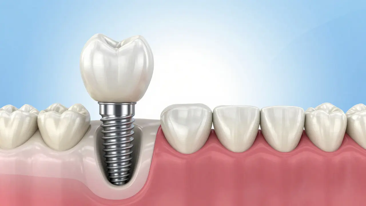 3D vizualizace zubního implantátu a mostíku v čelisti