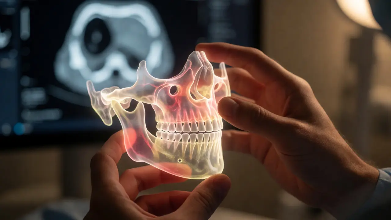 Chirurg pracující s přesným 3D modelem čelisti pro plánování zákroku.