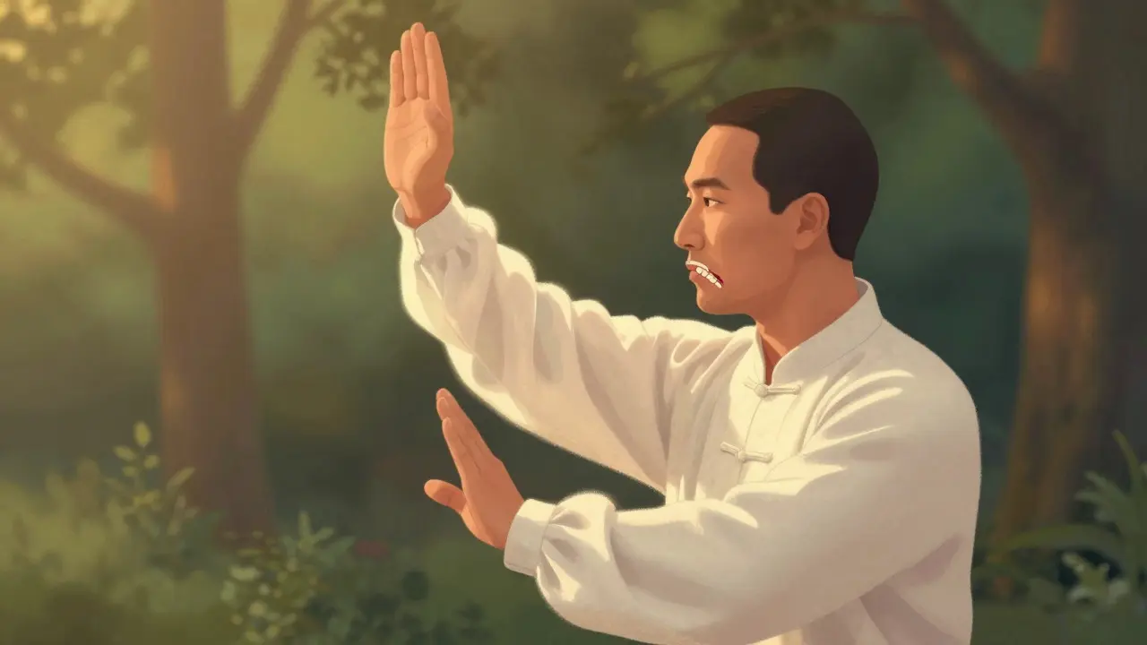 Člověk cvičící tai chi s uvolněnou čelistí