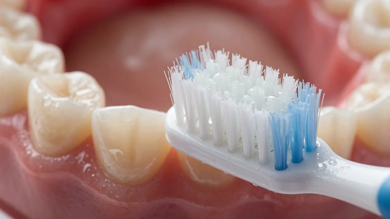Detail čištění zubu měkkými štětinami pod úhlem 45 stupňů