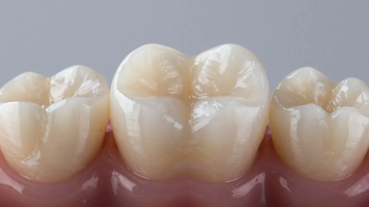 Detailní pohled na keramický onlay pevně uložený v zubu s hladkým povrchem