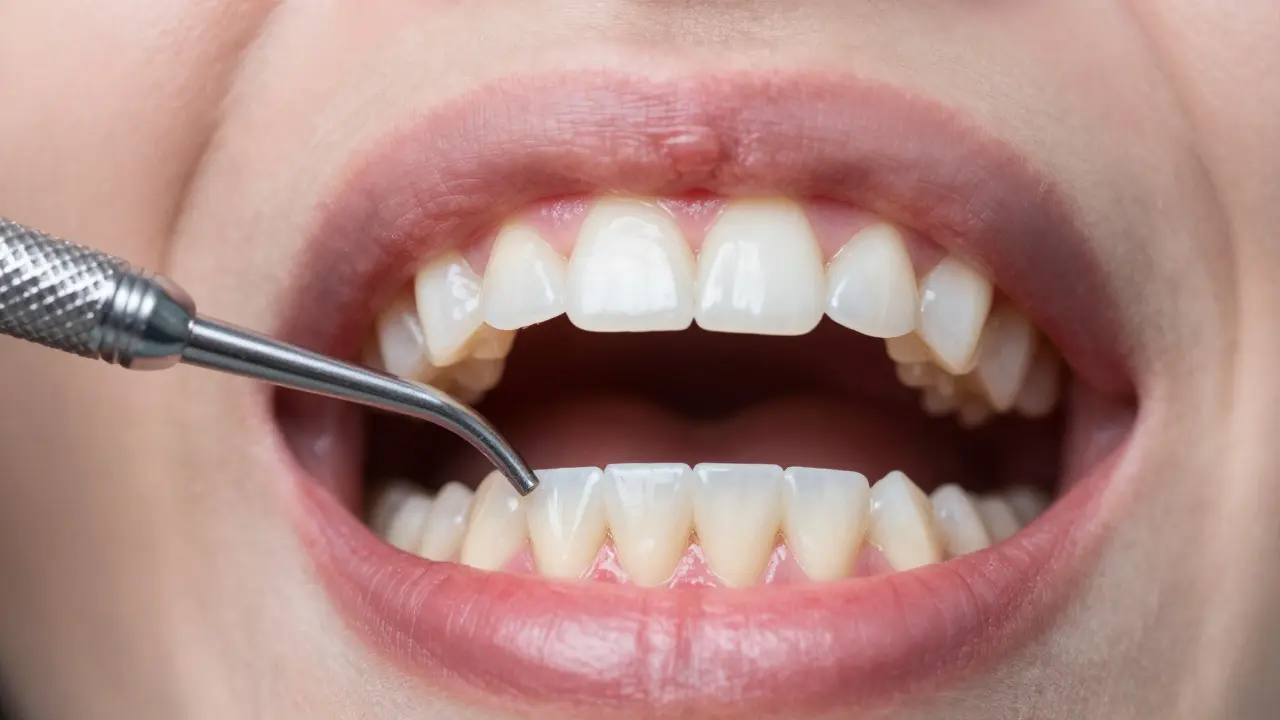 Detailní pohled na zdravé zuby a dásně během dentální kontroly pomocí nástroje