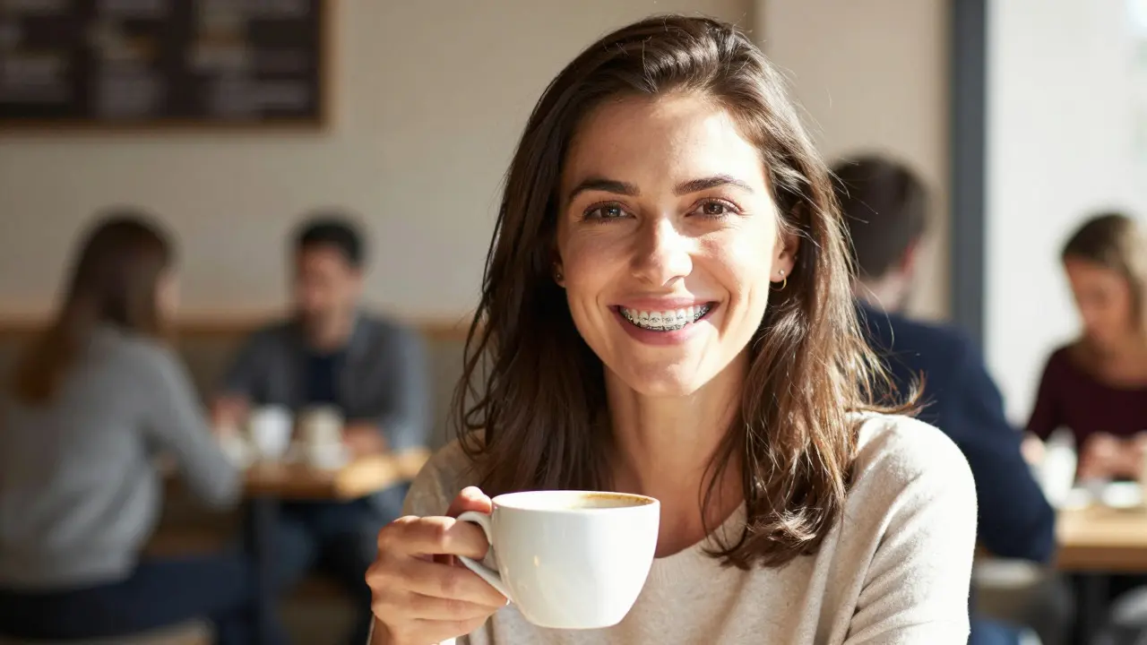 Happy adult woman smiling confidently after finishing orthodontic treatment