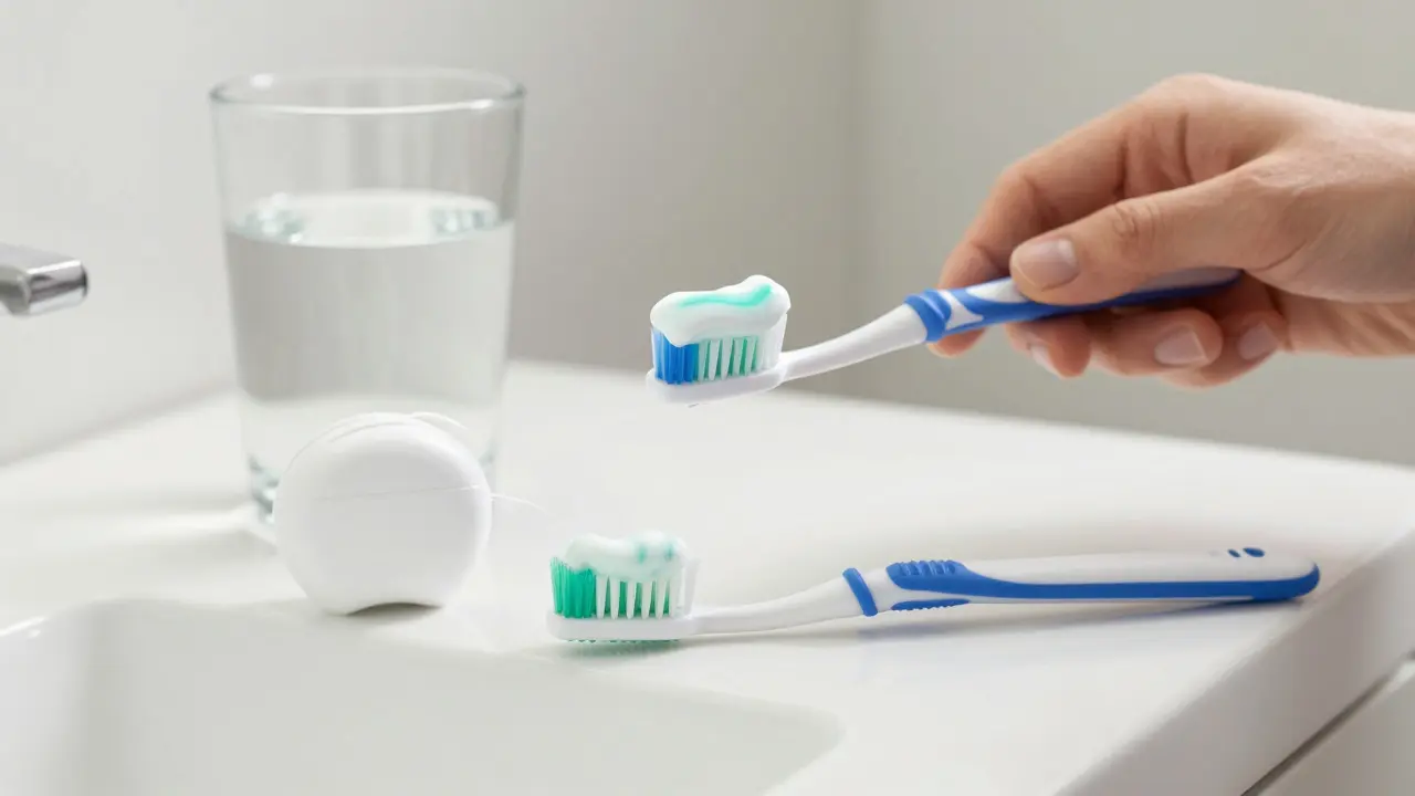 Hygienické potřeby jako kartáček a niť pro čištění zubů