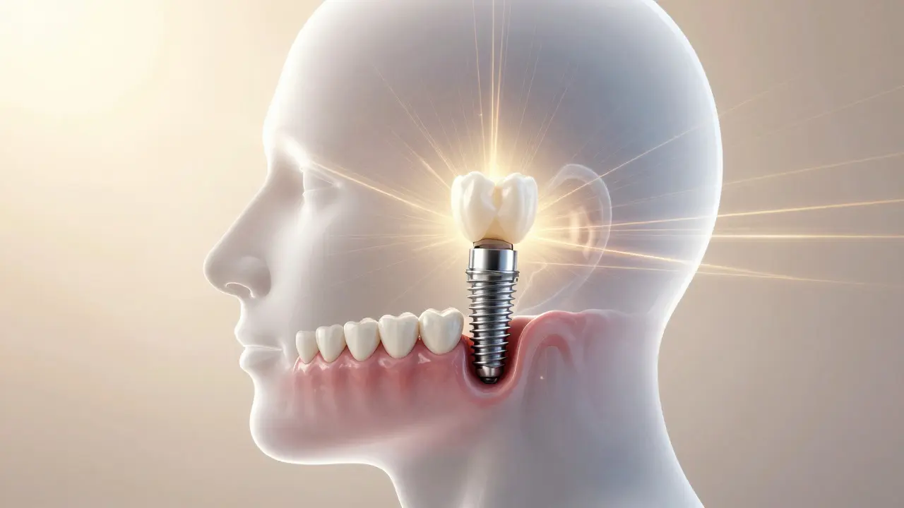 Konceptuální ilustrace dlouhodobé stability zubního implantátu