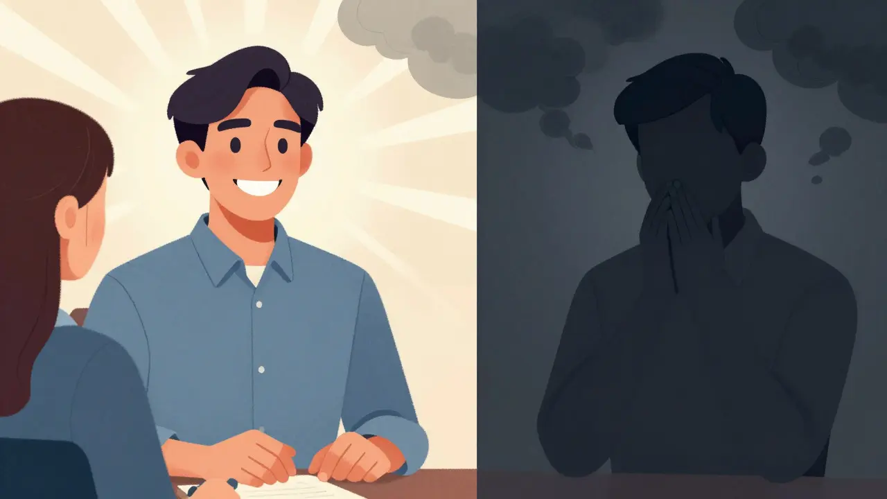Konceptuální ilustrace rozdílu mezi sebevědomým a skrytým úsměvem