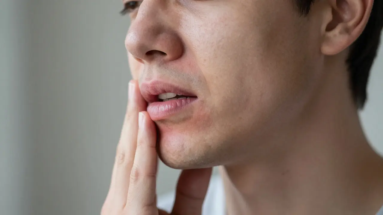 Muž drží ruku u tváře a projevuje bolest v oblasti předních zubů a dásní